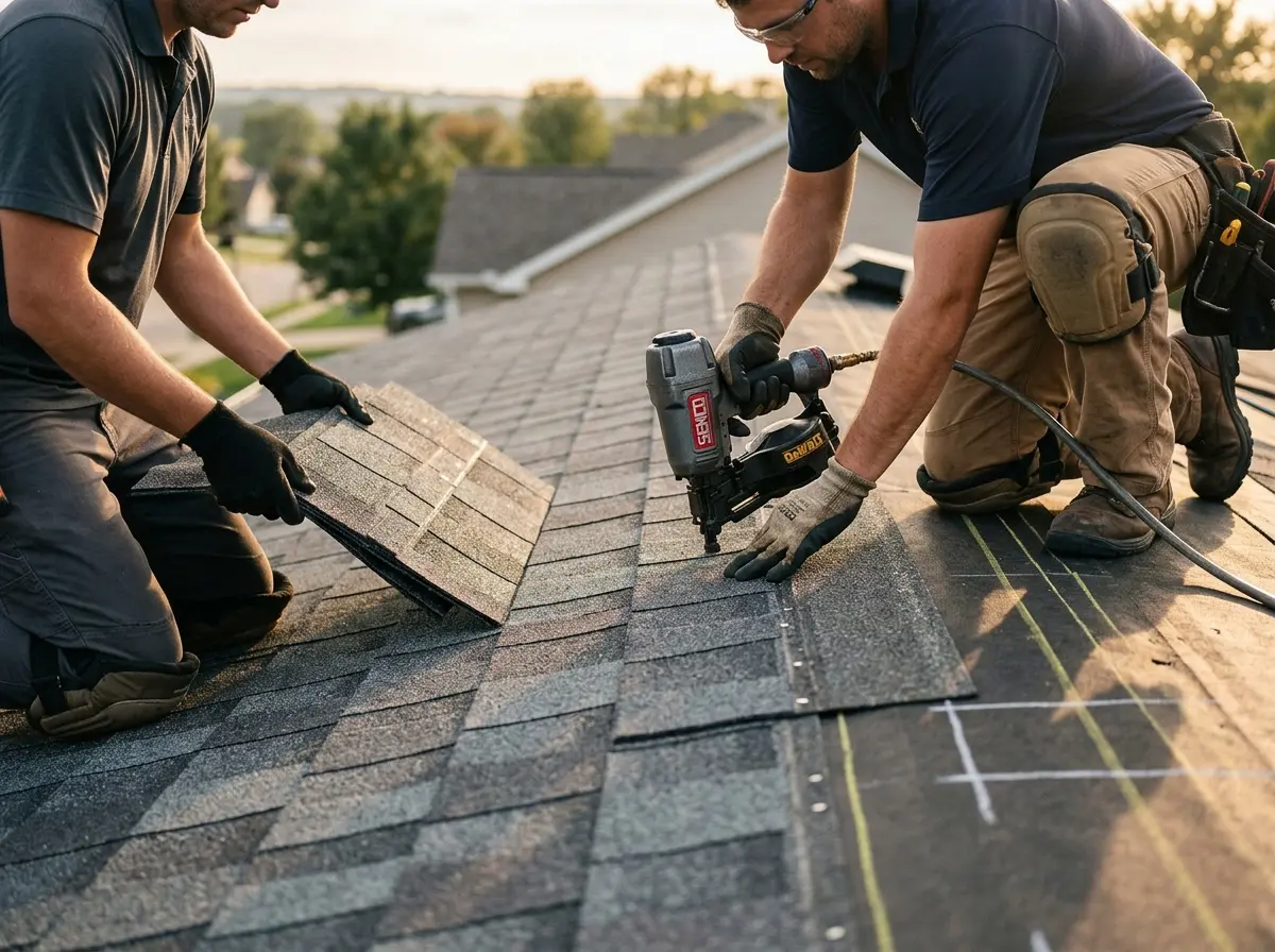 Professional roofer working on a residential roof in Henrietta